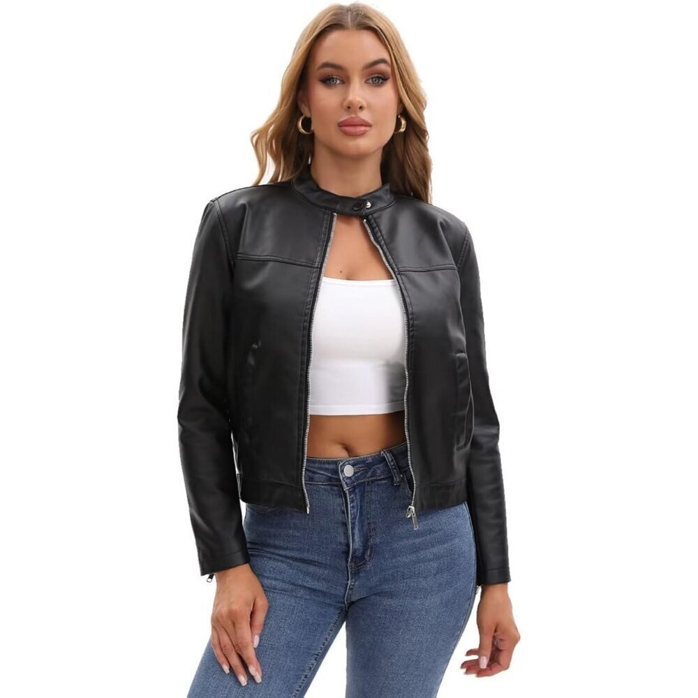 Women's Faux Leather Motorcycle Jacket Zip-Up Biker Casual Trendy with Pocket